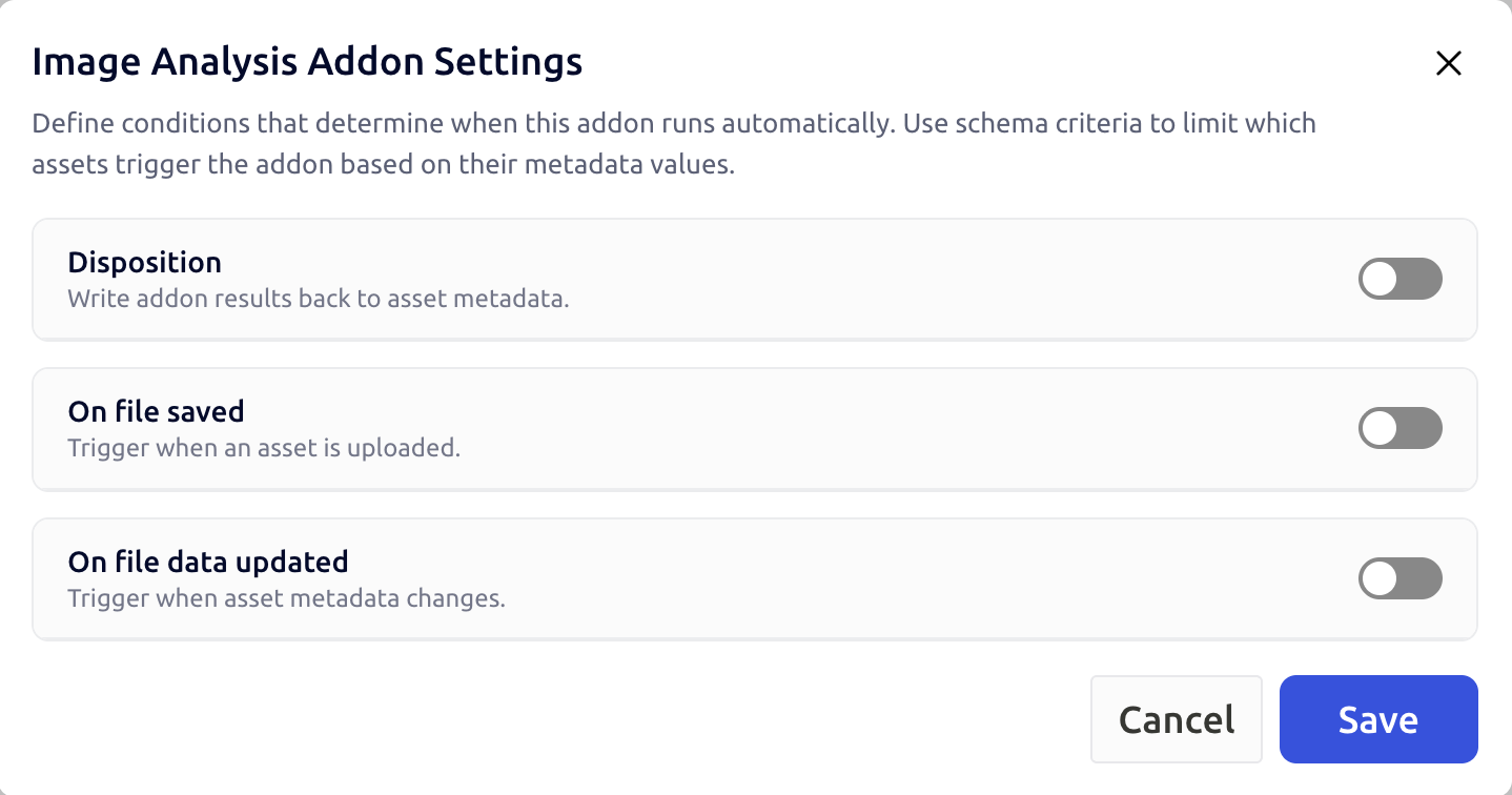 Addon settings modal with event hooks, schema criteria, and disposition sections