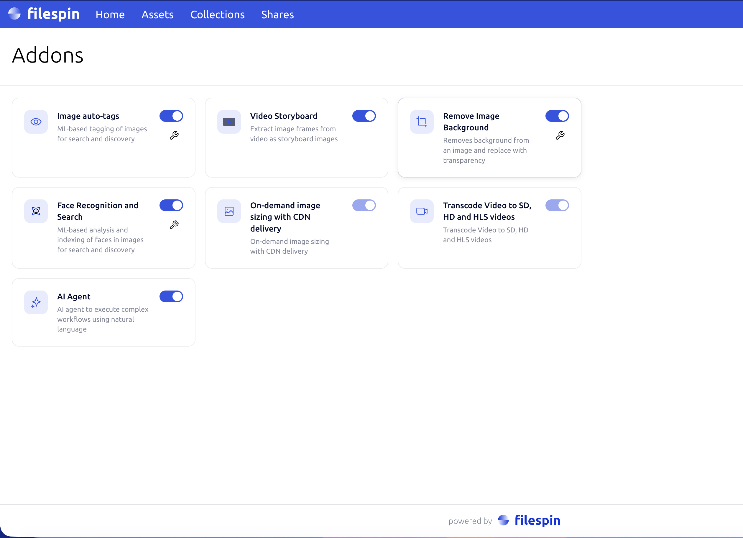 Settings → Addons page with gear icons for configurable addons