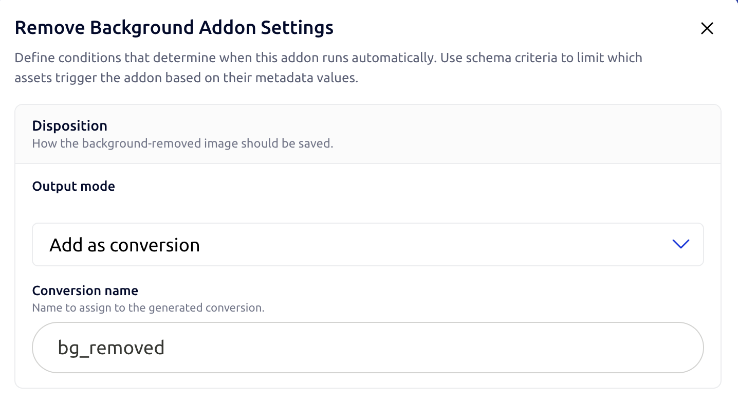 Remove Background disposition section with output mode select
