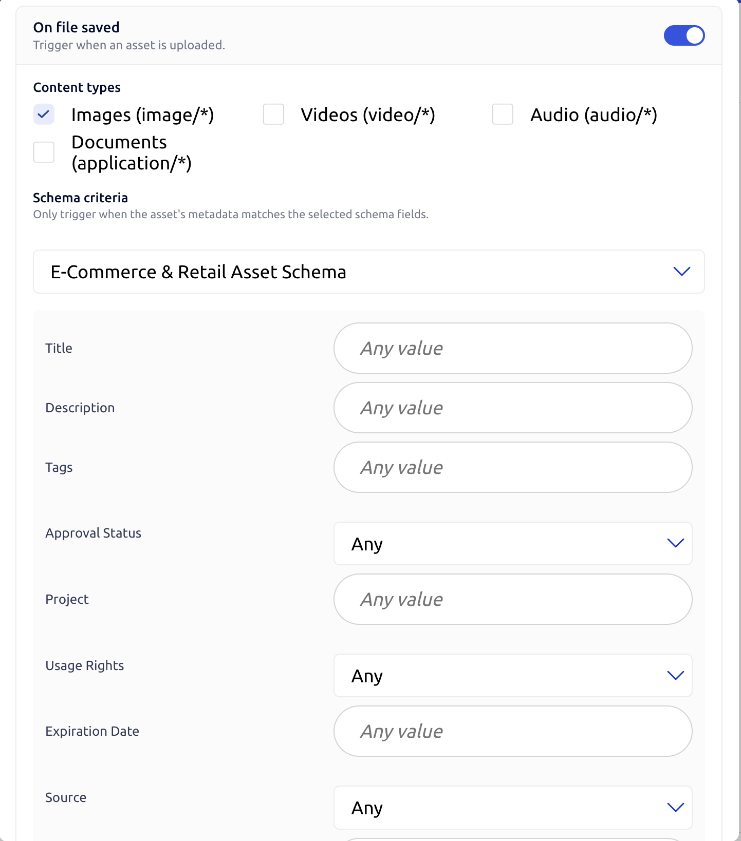 Schema criteria builder with schema picker and key/value field rows